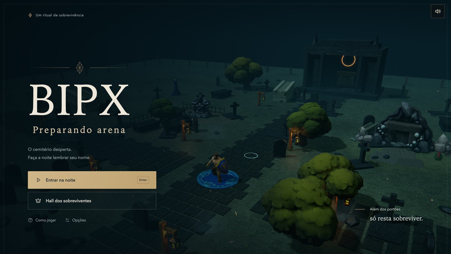 BIPX title screen over a 3D graveyard at night.