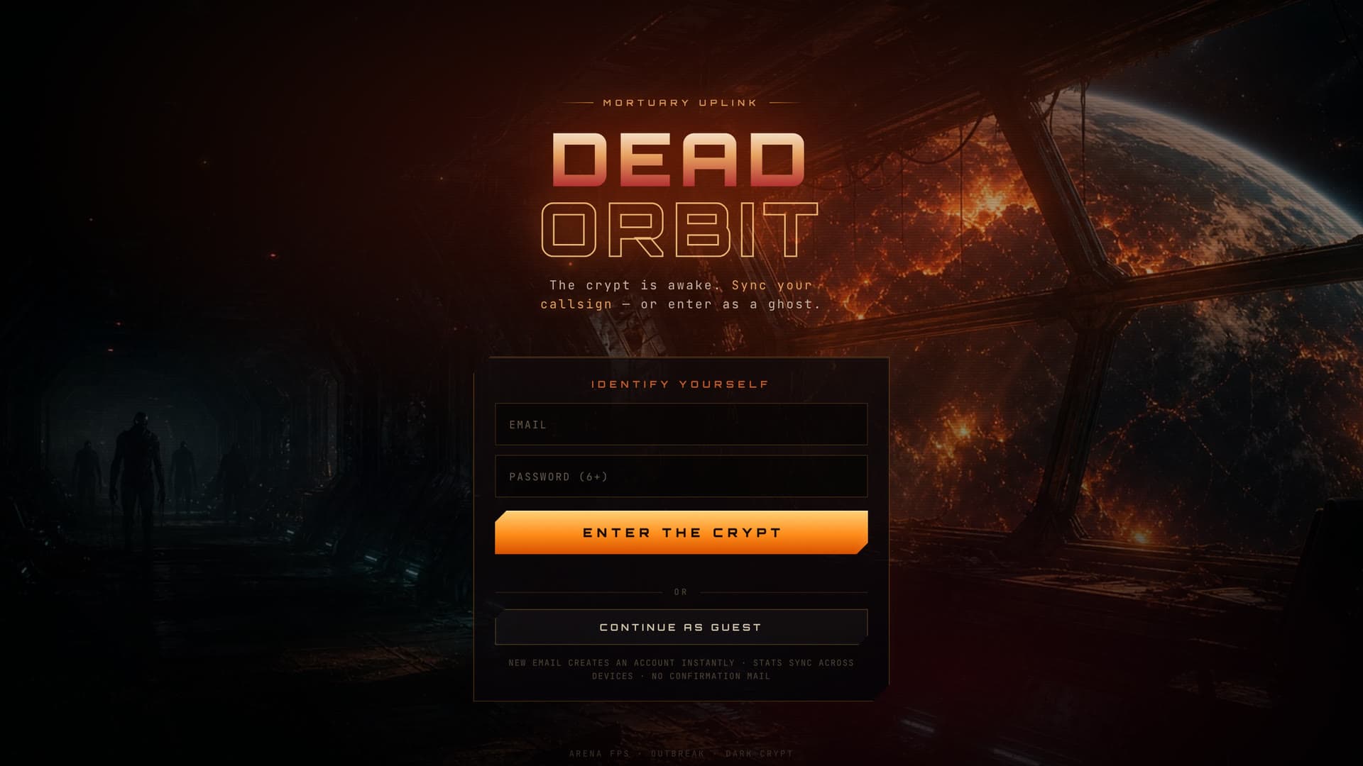 Dead Orbit title screen, with a burning planet seen from a space station.