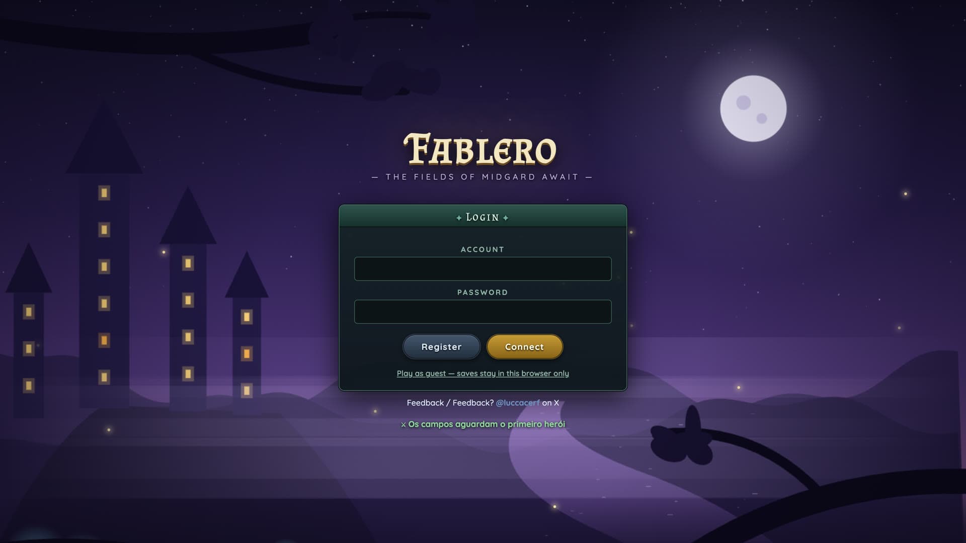 Fablero login screen under a full moon, with a castle behind it.